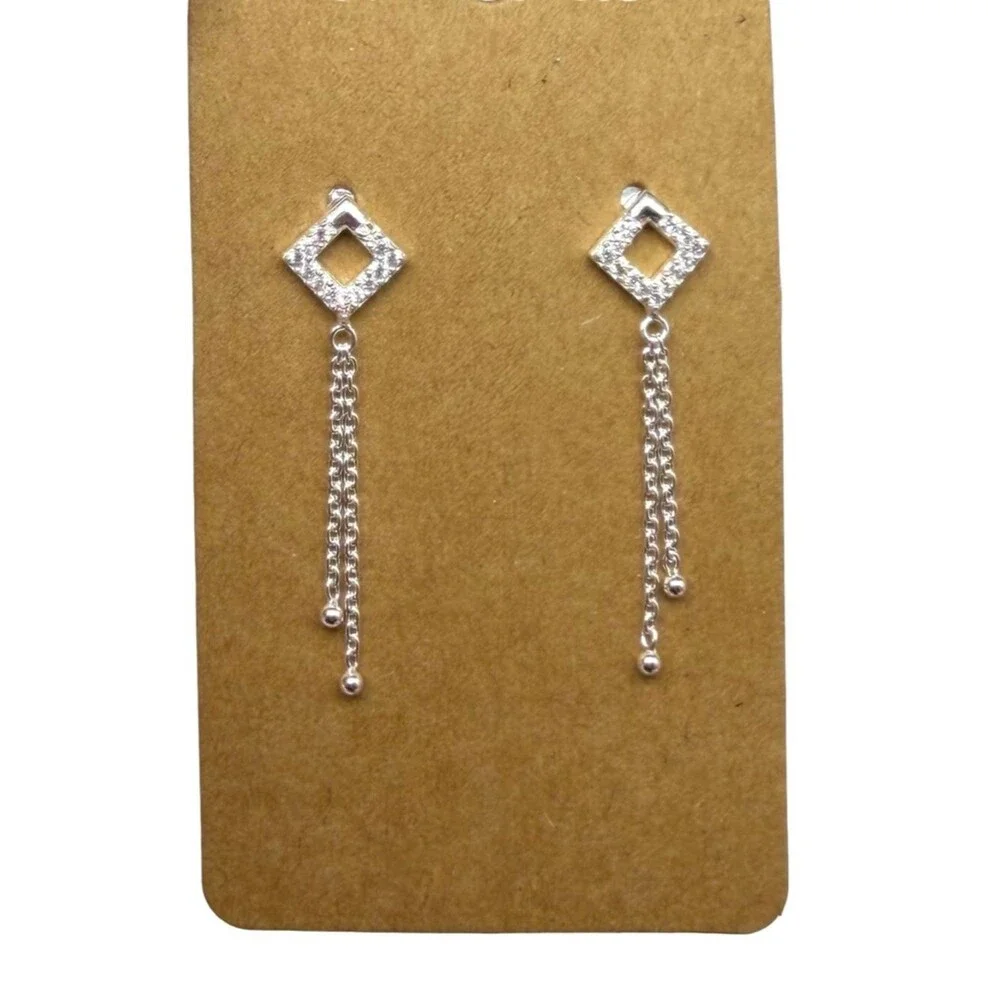 Cubic Zirconia Solid 925 Sterling Silver Earrings Long Chain Dangle Drop